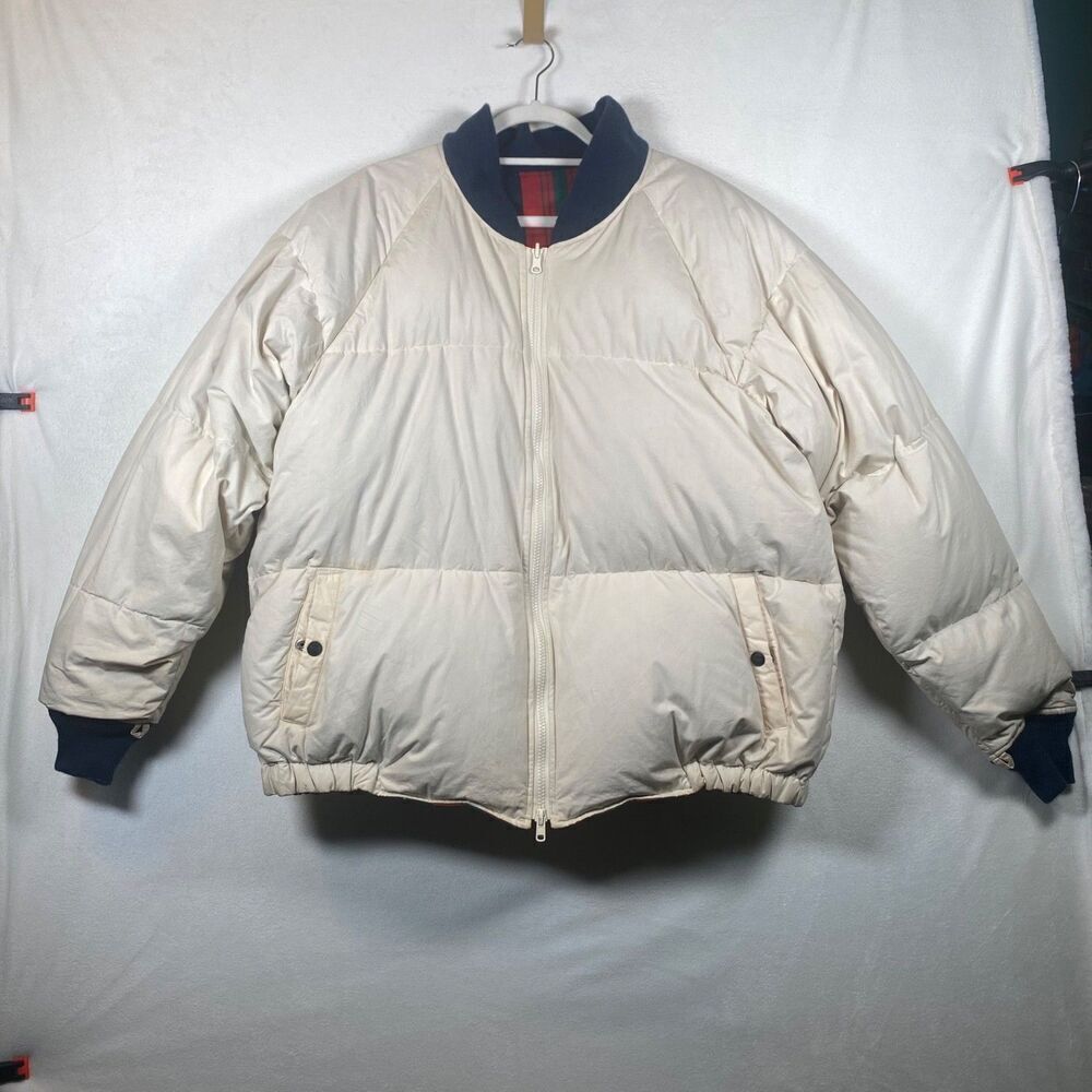 Vintage Excalibur Down Filled Reversible Bomber Jacket Ivory Plaid 80s 90s